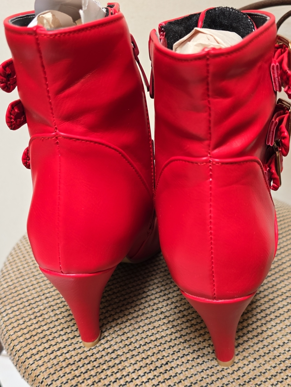 Red Women's Pointed Ankle Boots with Gold Accents - Picture 2 of 4